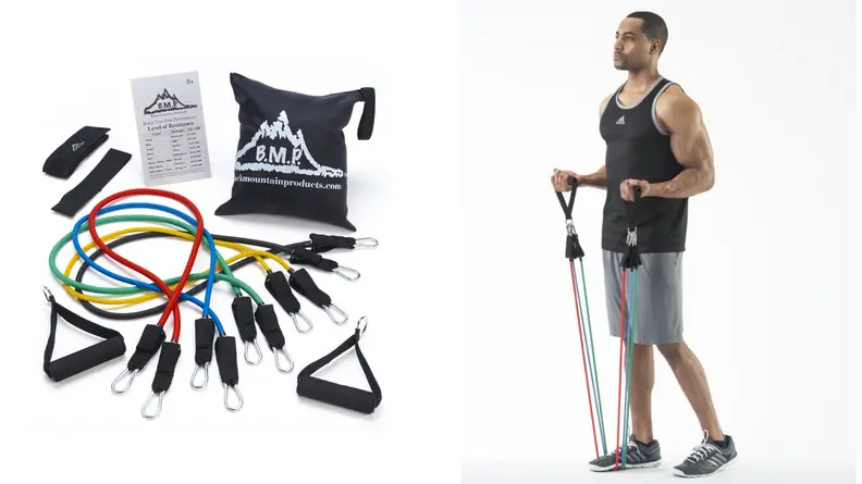A man using resistance bands to do bicep curls.
