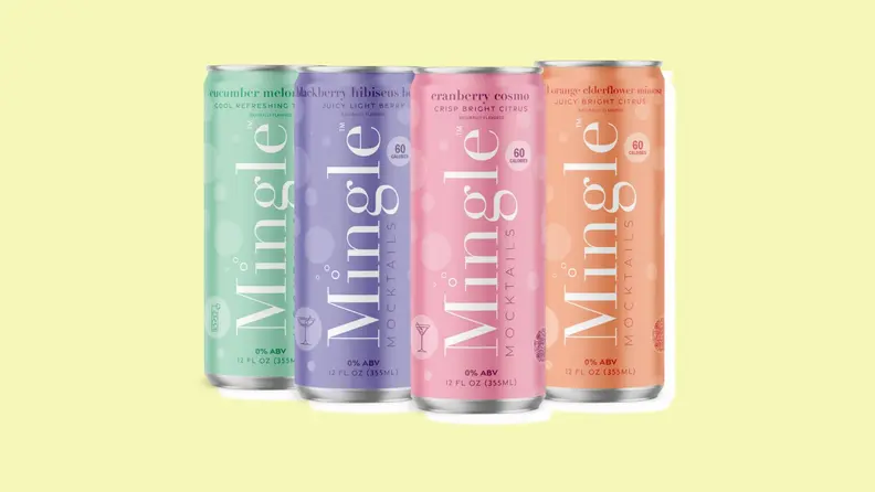 Four colorful Mingle Mocktail cans on a bright yellow background