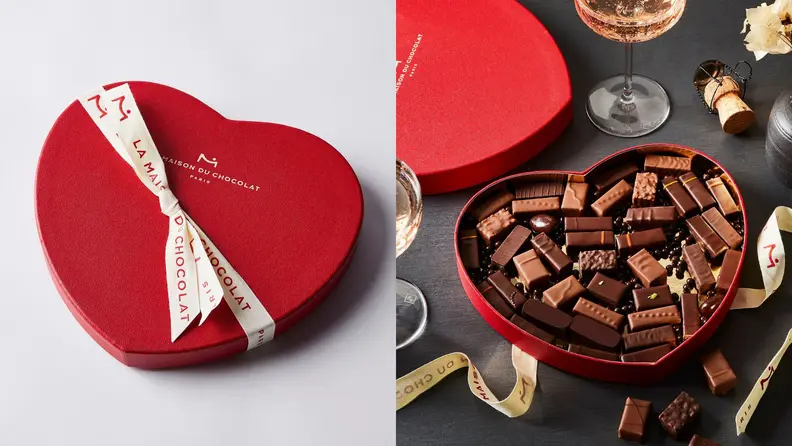 On left, closed heart-shaped box. On right, open heart-shaped box filled with chocolates