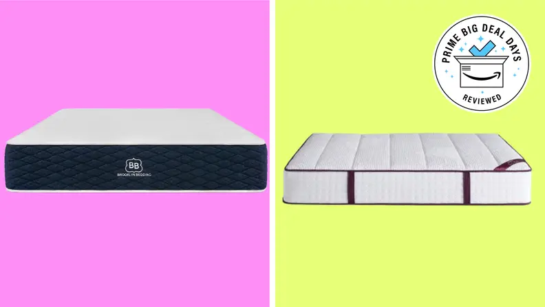 A Brooklyn Bedding mattress and an Awara mattress with a Prime Big Deal Days Reviewed badge in front of colored backgrounds.