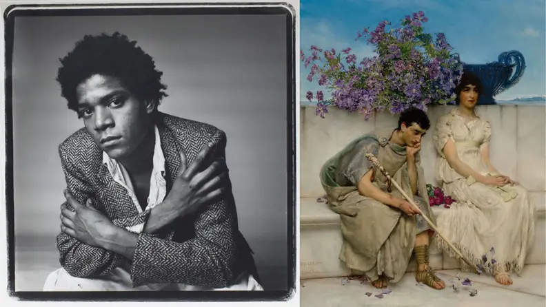 On right, black and white portrait of Basquiat. On left, 19th century painting of man and woman sitting side by side.