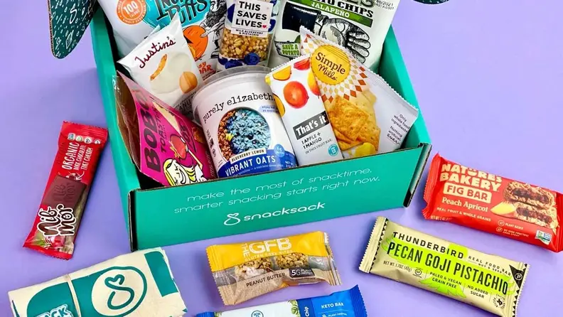 Close-up shot of a Cratejoy SnackSack Classic box on a colored background.