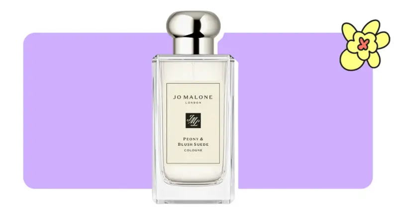A bottle of Jo Malone Peony & Blush Cologne in front of purple background with a yellow cartoon flower in the corner.