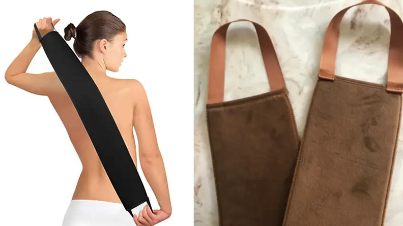 Woman rubbing lotion on her back with leather strap / Two leather straps overlaying each other