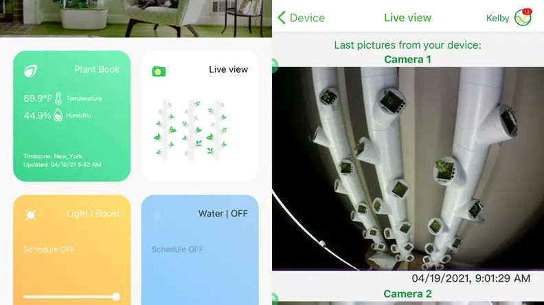 On the left is an image of Gardyn app interface and on the right, there are two images of plants update.