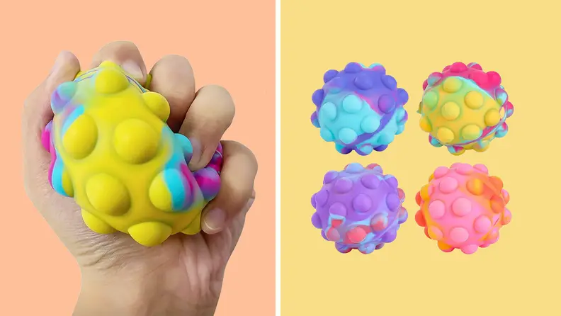 On left, hand squeezing Pop-It stress fidget toy. On right, multicolored Pop-It Balls against yellow background.
