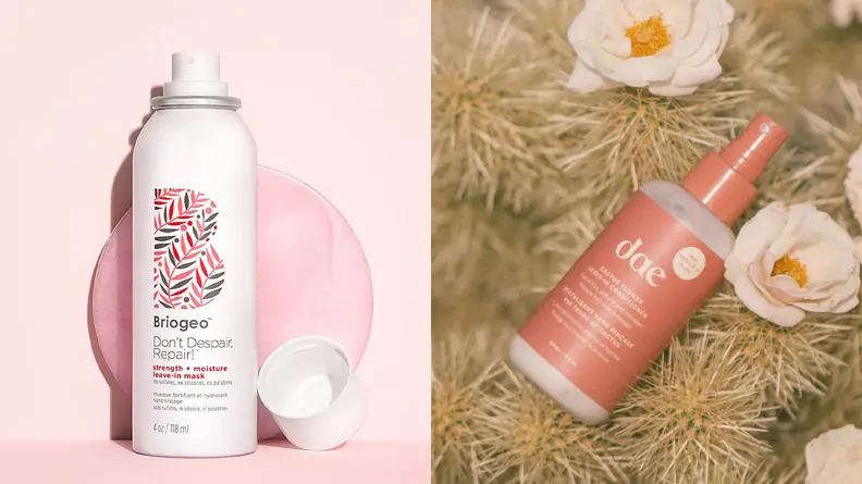 On the left: The Briogeo Don't Despair, Repair! Strength + Moisture Leave-In Spray Hair Mask on a pink background with its cap sitting to the right of the white bottle. On the right: The Dae Cactus Flower Leave In Conditioner lays on a bed of dry flowers.