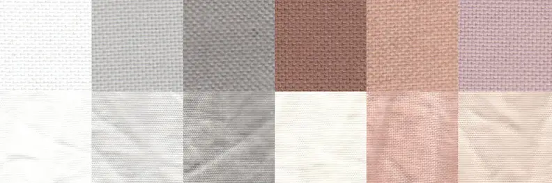 Before and after comparison of various stains resulting from Heavy Duty settings. From left to right that's clean fabric, sweat, dirt, cocoa, blood, and red wine.