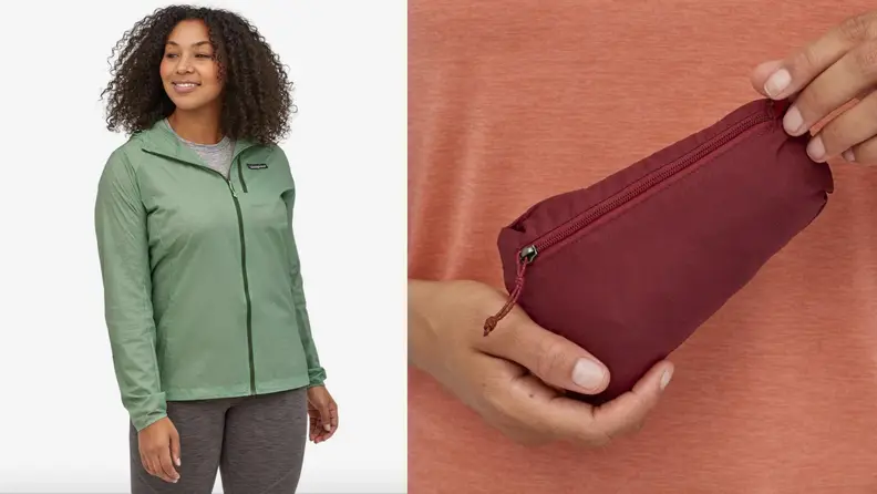 woman wearing patagonia Houdini Jacket and the jacket in pouch