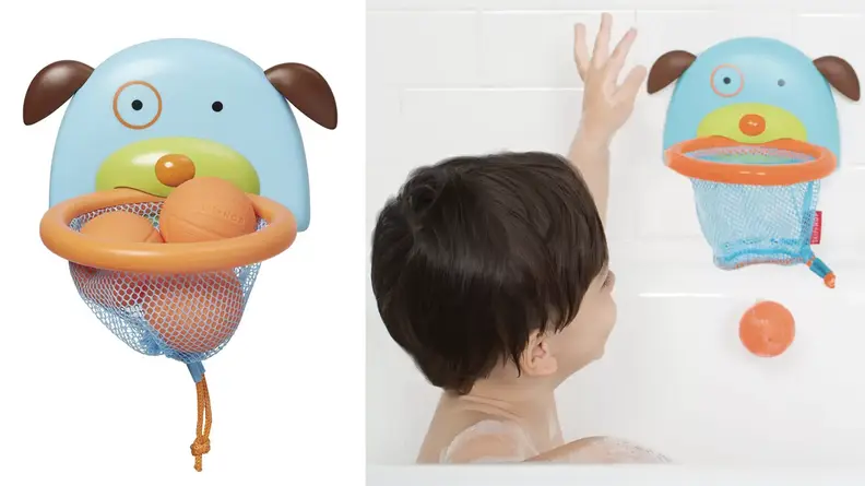 Two images of a waterproof basketball toy