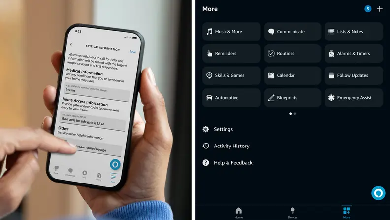A hand interacting with a smartphone displaying the settings menu of the Alexa Emergency Assist app.