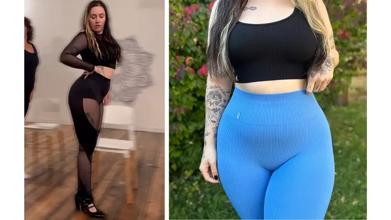 A woman wearing black leggings with sheer panels, and another shot of the a woman wearing blue leggings with a black sports bra.