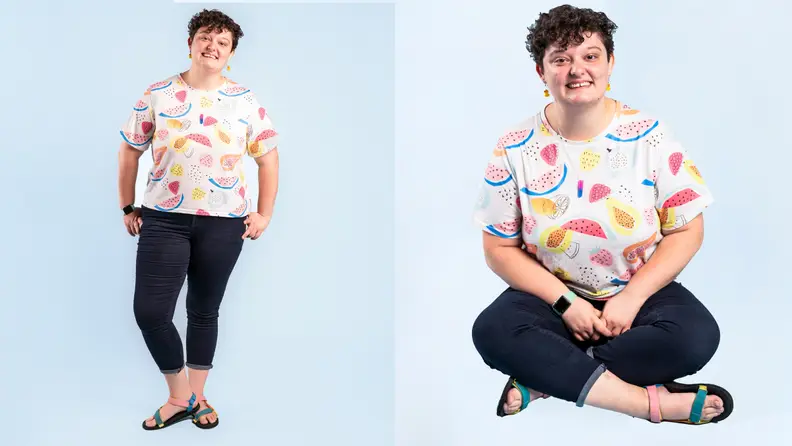 Left: girl standing wearing US jeans in front of a sky blue background, Right: girl sitting wearing US jeans in front of a sky blue background