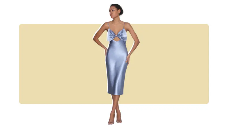 A pale blue satin slip dress with a bow-shaped bodice.