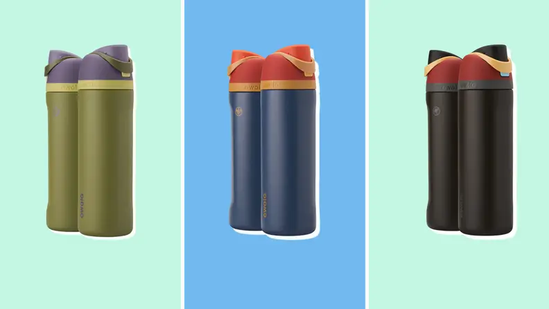 Three sets of colorful insulated bottles against a blue and green background.