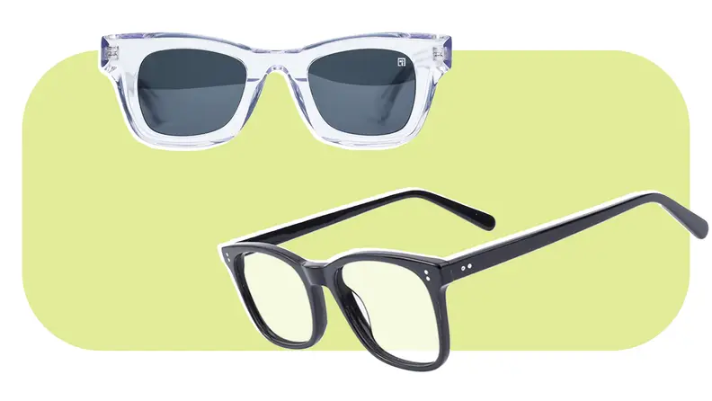 A pair of sunglasses and a pair of blue-light glasses against a green background.