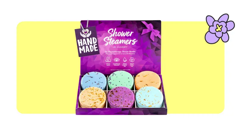 Box of six Cleverfy shower steamers in front of a yellow background with a purple cartoon flower in the corner.