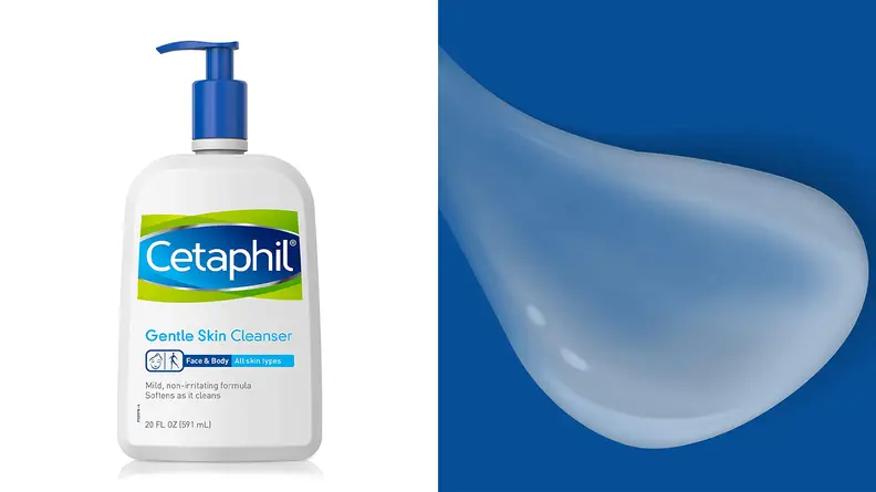On the left: The white Cetaphil Gentle Skin Cleanser bottle stands on a white background. On the right: A smear of the translucent white cleanser formula on a blue background.