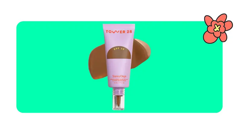 Tower 28 tinted moisturizer bottle with a swatch of medium brown foundation behind it on a green background
