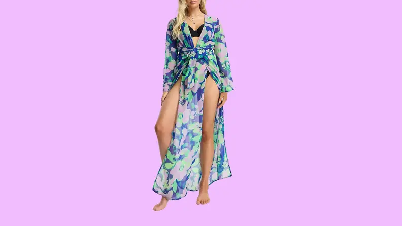 A floral-print kimono-style sheer coverup.