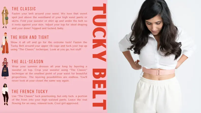 A photo collage of a informational styling guide for the Original Tucky belt and a model adjusting the  Original Tucky belt on their midriff.