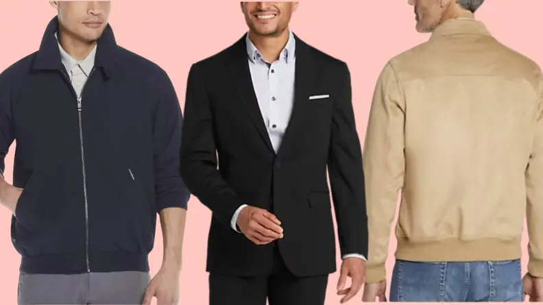 Model wearing navy golf jacket, model wearing tan suede bomber jacket, and model wearing black suit jacket against salmon background