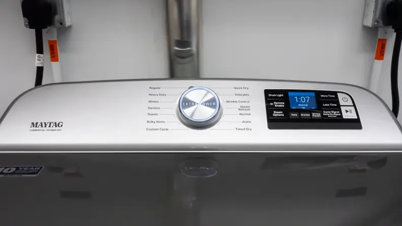 A close-up of the Maytag MED8230HC dryer's control panel.
