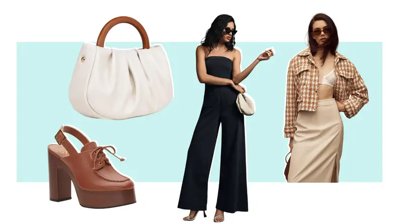 A platform heeled slingback shoe, a white leather handbag, a black jumpsuit, and a model wearing a cropped plaid jacket.