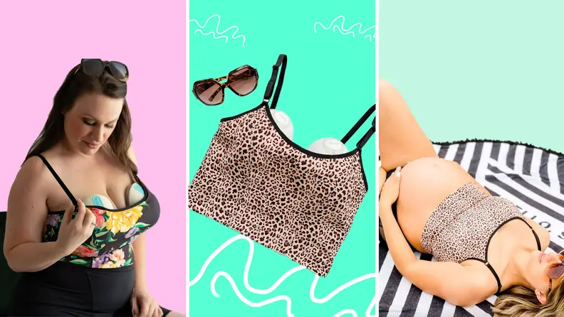 On left, model wearing floral swim top. In middle, cheetah print swim top with breast pumps underneath. On right, pregnant person sunbathing while wearing cheetah print maternity swim top.