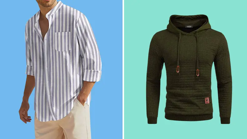 A striped shirt and a green hoodie.