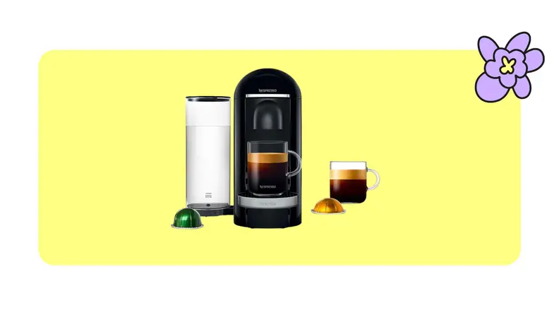 Nespresso vertuo plus coffee and espresso machine with a cup of coffee and nespresso pods on a yellow background