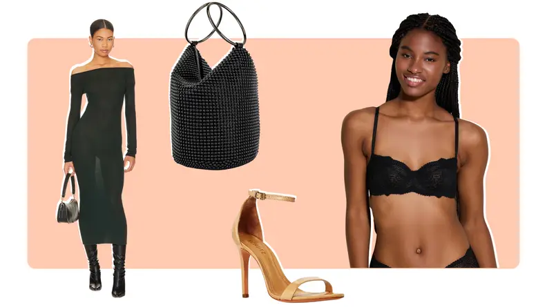 A model wearing a semi-transparent black dress, a black bag, a gold heel, and a model wearing a black bra.