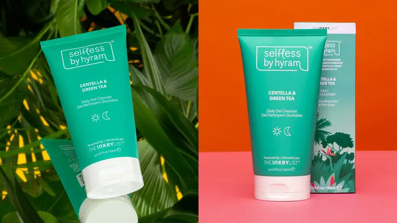 On the left: The Selfless by Hyram Centella & Green Tea Hydrating Gel Cleanser in its blue squeezable tube with plants in the background. On the right: The same bottle standing next to its box packaging with an orange background.