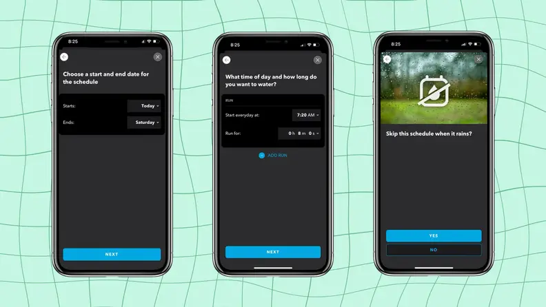 Screenshots of the scheduling setup in the Rachio app