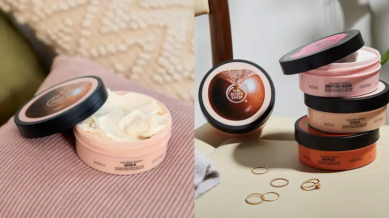 On the left: The Body Shop Shea Body Butter sits with its lid off to reveal a cream colored body butter. On the right: Three body butters are stacked on top of each other and one body butter faces out toward the camera.