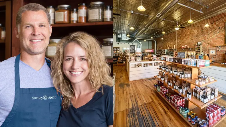 A picture of Mike and Janet Johnston, owners and creators of Savory Spice. On the right side of the photo is a picture of the first Savory Spice location.
