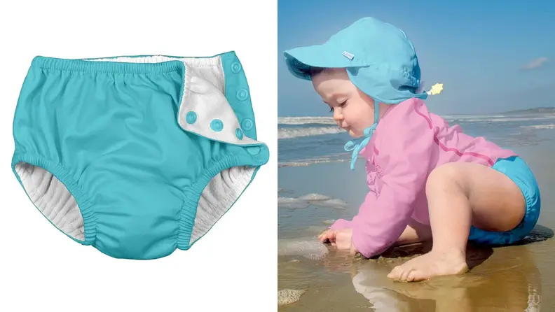 A side-by-side of the i play. by green sprouts swim diaper and a baby wearing the i play. by green sprouts swim diaper at the beach.