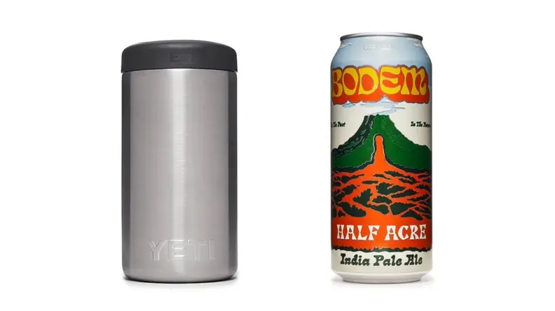 Can insulator on the left and beer can with colorful design on the right