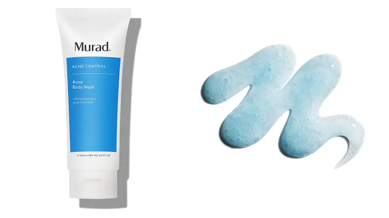 On the left: A bottle of acne body wash. On the right: A squiggle of blue body wash.
