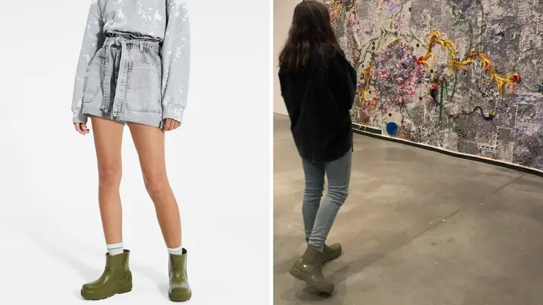 Two women wearing olive Ugg rain boots