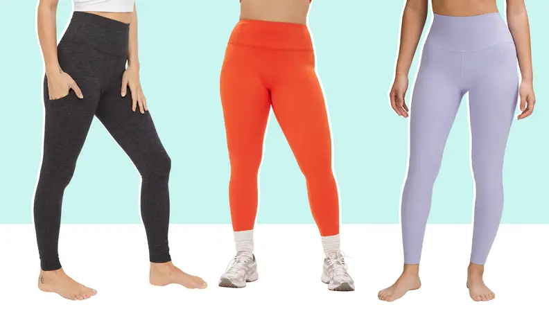 Models wearing gray pocket leggings, orange leggings with white sneakers, and lavender leggings.