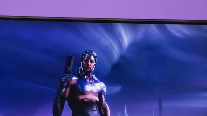 Video game character on semi-dark screen of the Alienware AW2523HF gaming monitor.