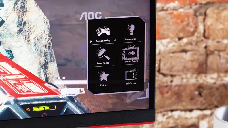 A close up of the AOC Q27G3XMN gaming monitor screen, featuring a menu.