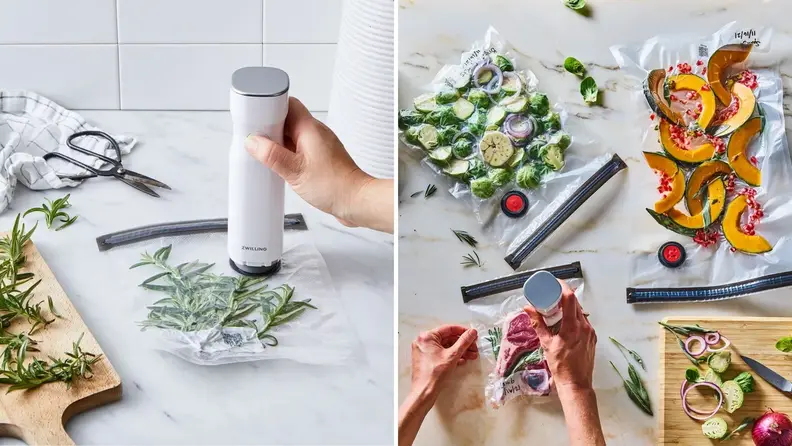 On left, Zwilling Fresh & Save sucking the air out of a bag with fresh herbs. On right, a countertop laid out with sous vide veggies.