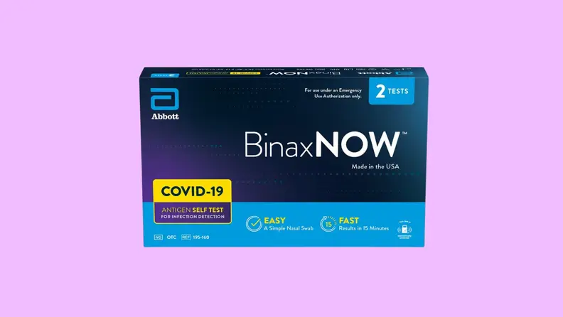 A black package of BinaxNOW COVID-19 Antigen Self Test on a purple background.