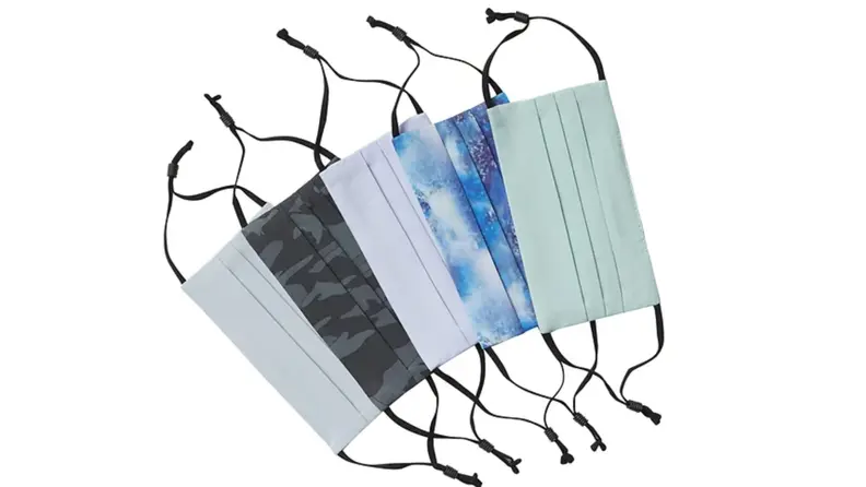 Five face masks in blue tones