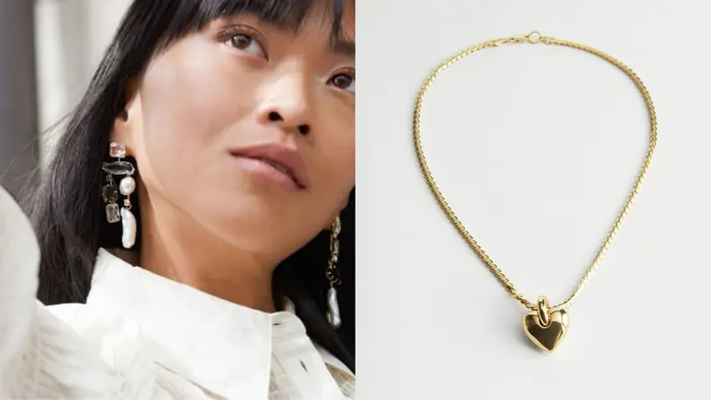 On the left, a model shows off a pair of crystalline earrings with a lovely handmade quality to them. On the right, a simple, heart-shaped gold necklace is on display.