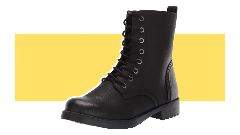 A black leather lace-up combat-style boot.