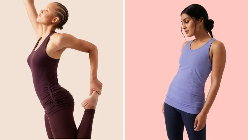 A woman wearing a brown yoga outfit striking a yoga pose, a woman wears a purple top.