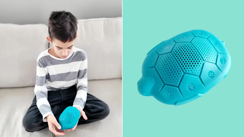 A child holding the Zenimal Kids meditation device on the left and on the right is the Zenimal Kids on a green background.